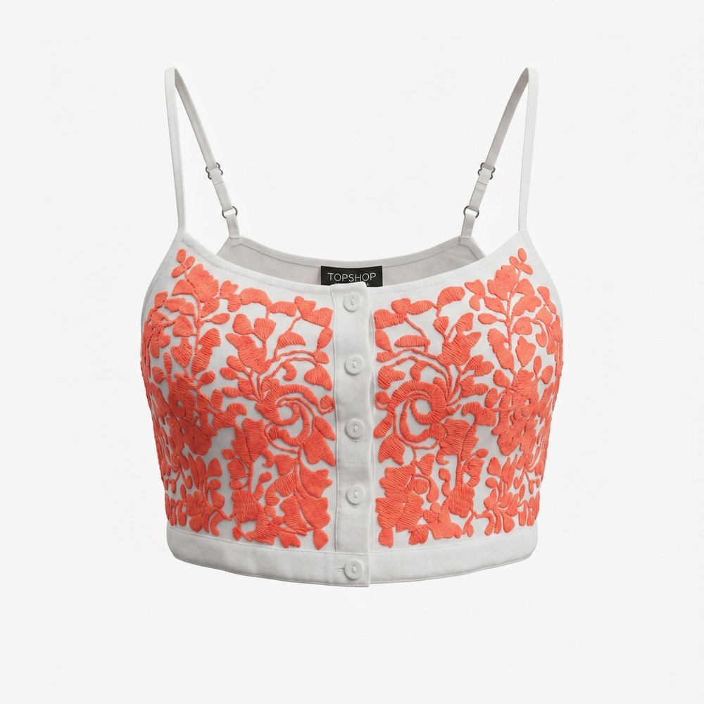 Topshop Embroidered Crop Top 2 White Neon Orange Floral Button Front Boho Summer